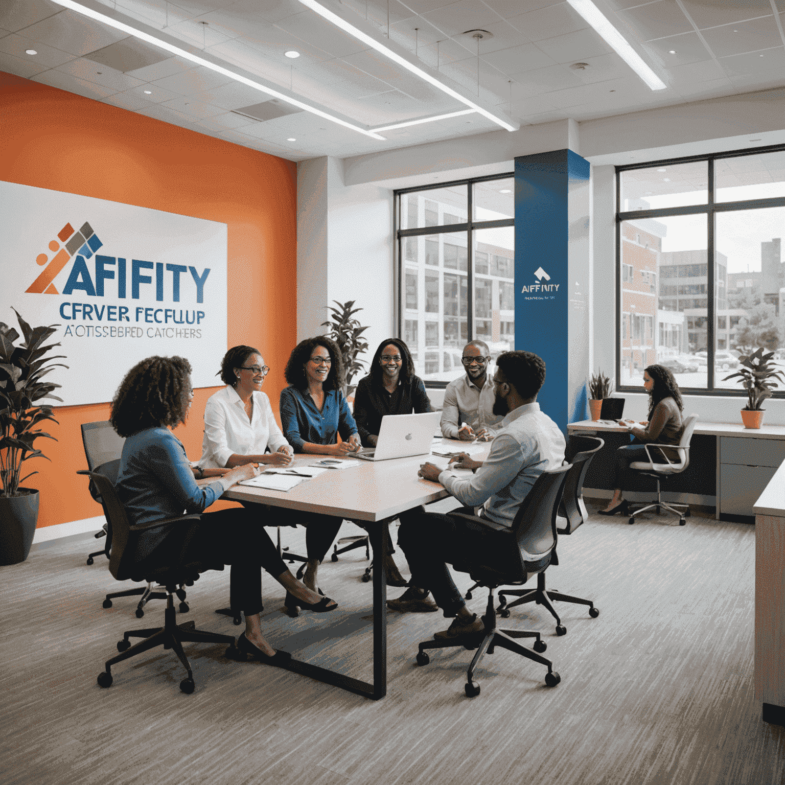 Diverse group of happy Affinity FCU members collaborating in a modern, bright office space with Affinity branding visible